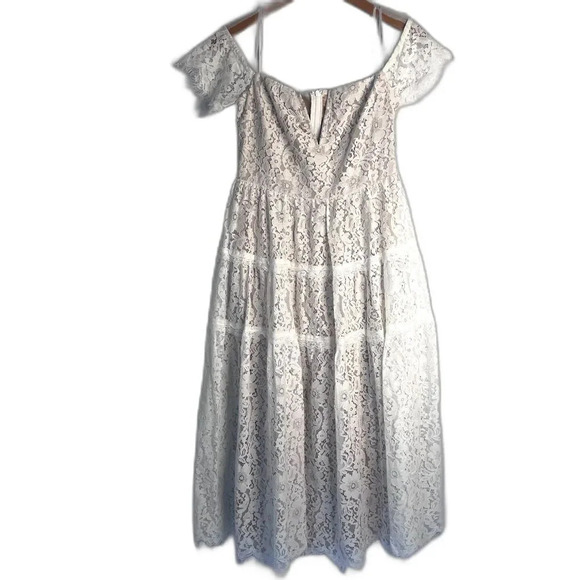 Lulu's NWT White Over Nude Lace Off Shoulder Vneck Fit & Flare Dress Size SM